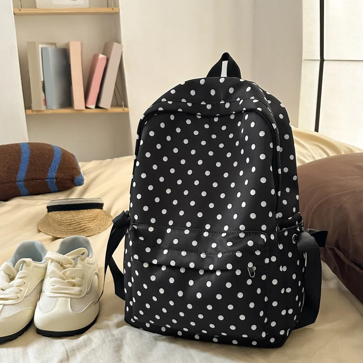 sac à dos mignon à pois kawaii en nylon, sac à dos de voyage esthétique pour filles et femmes, idéal pour l'université et les loisirs