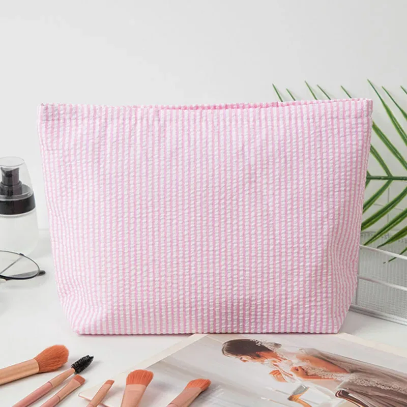 trousse de maquillage en gaze bulle pour femme, sac à main grande capacité, trousse de toilette brodé à rayures, pochette de voyage organisateur