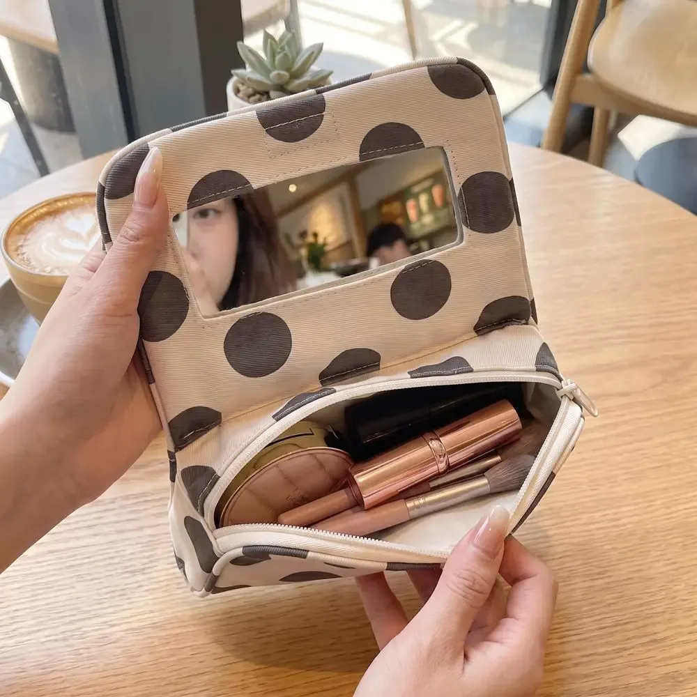 sac à cosmétiques portable en toile à pois, sac de rangement pour bijoux à rayures de grande capacité avec miroir de maquillage multifonctionnel