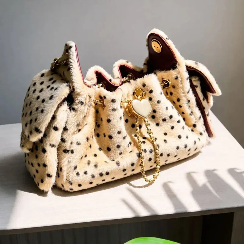 sac seau en fausse fourrure léopard avec chaîne et cordon de serrage, sac à bandoulière pour femme, sac à main en peluche, sac fourre-tout pour l'automne et l'hiver.