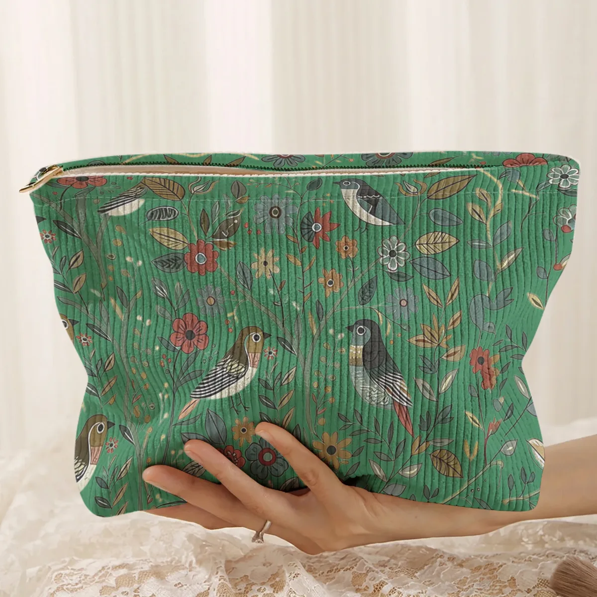 1 pièce, trousse de maquillage en velours côtelé avec motif d'oiseaux et de branches, légère et multifonctionnelle pour le rangement des cosmétiques.