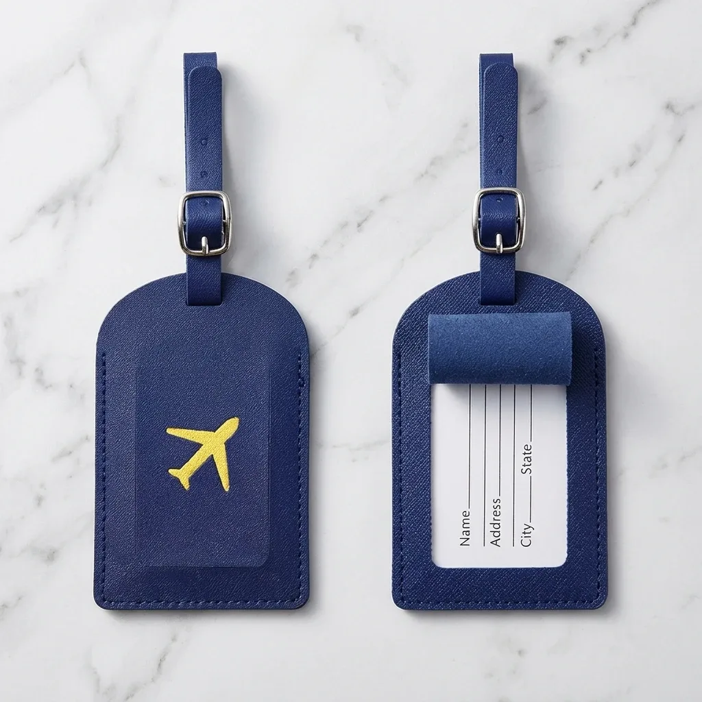 étiquette bagage cuir rouge doré avion nom adresse voyage affaires vacances lot pièce identification valise