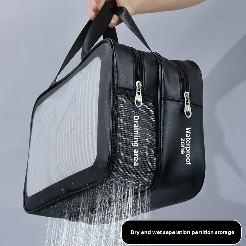 trousse de toilette grande capacité imperméable en pu givré double couche séparation humide/sèche pour voyage, rangement cosmétique et organisateur quotidien