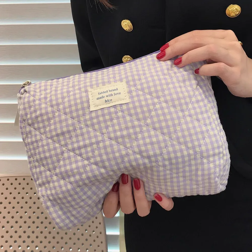 trousse de maquillage en coton de grande capacité pour femmes, sac de rangement pour brosses à carreaux, trousse de toilette de voyage douce et mignonne, organisateur doux décontracté pour dames