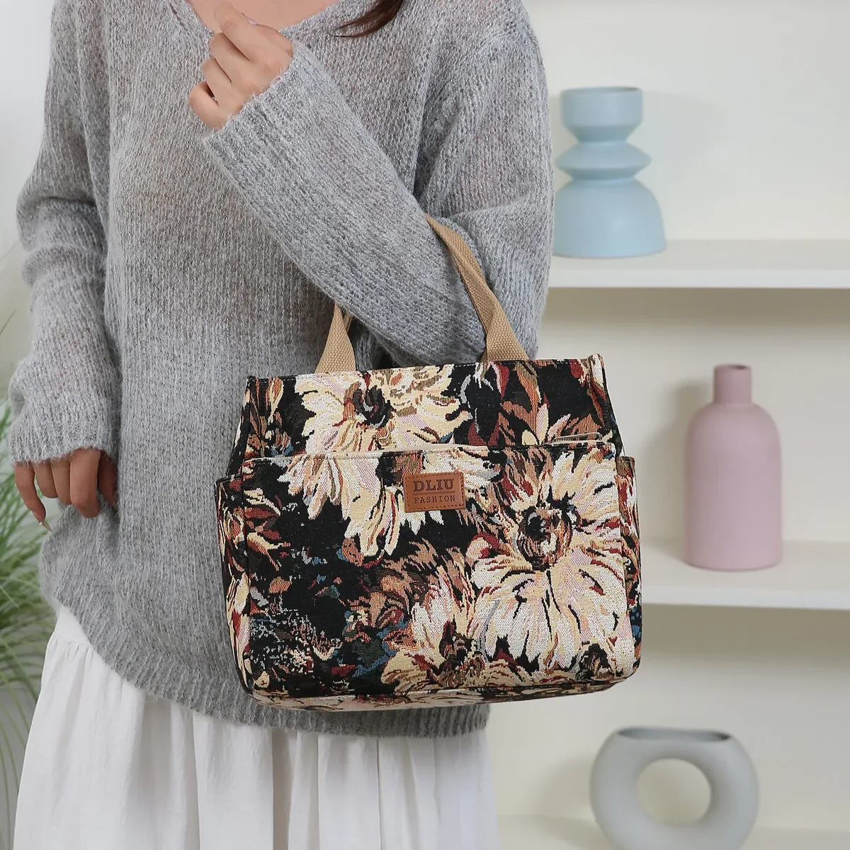 nouveau sac à main en tissu épais de grande capacité, sac fourre-tout, sac de shopping, sac polyvalent, sac à lunch, sac bento, motif floral