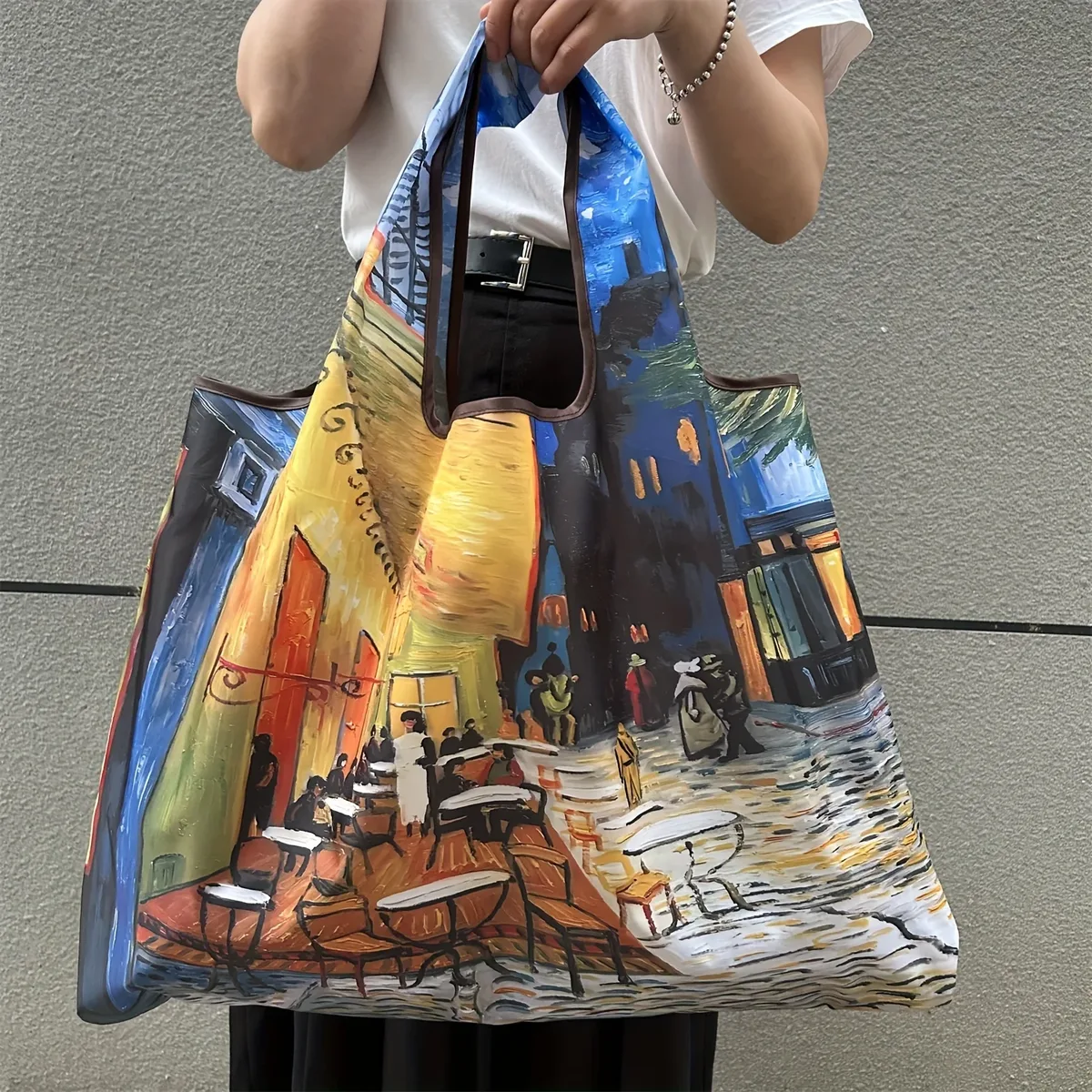 sac de shopping pliable, motif vintage van gogh café terrace, réutilisable, imperméable, grand sac fourre-tout, sac à main portable pour courses, cadeau pour femmes