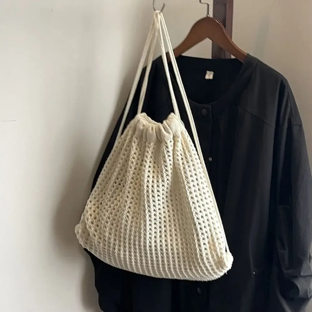 sac à bandoulière en tricot couleur unie, style décontracté, grande capacité, sac à dos bohème en crochet, polyvalent et ajouré