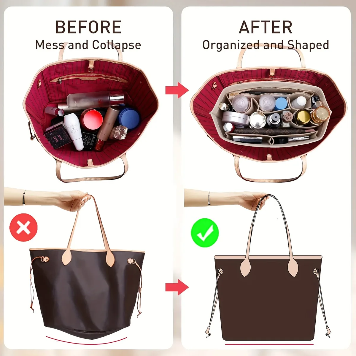 organisateur de sac à main en feutre avec fermeture éclair et 10 poches, grand format, pour sacs fourre-tout et sacs de voyage