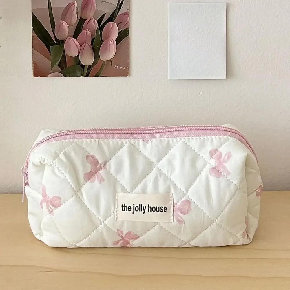 trousse de maquillage matelassée à nœud blanc, jolie pochette à cosmétiques pour filles, grande capacité, organisateur de toilette de voyage, sac à main, sac de lavage portable