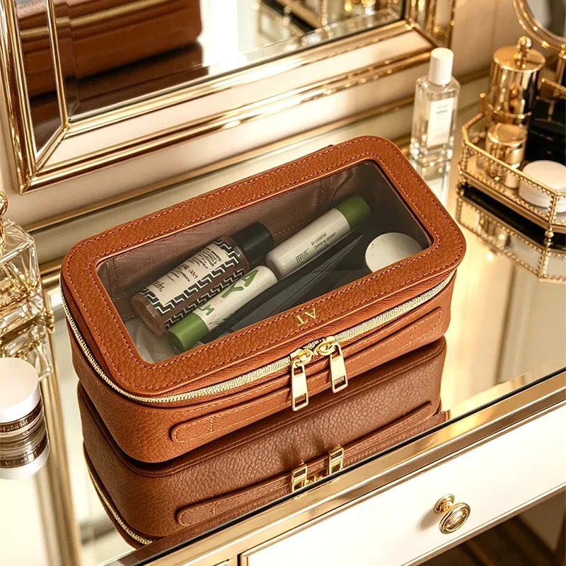 sac de toilette en cuir pu personnalisé avec lettres, transparent, pour femme, avec fermeture éclair, imperméable, grande capacité, sac de rangement de luxe