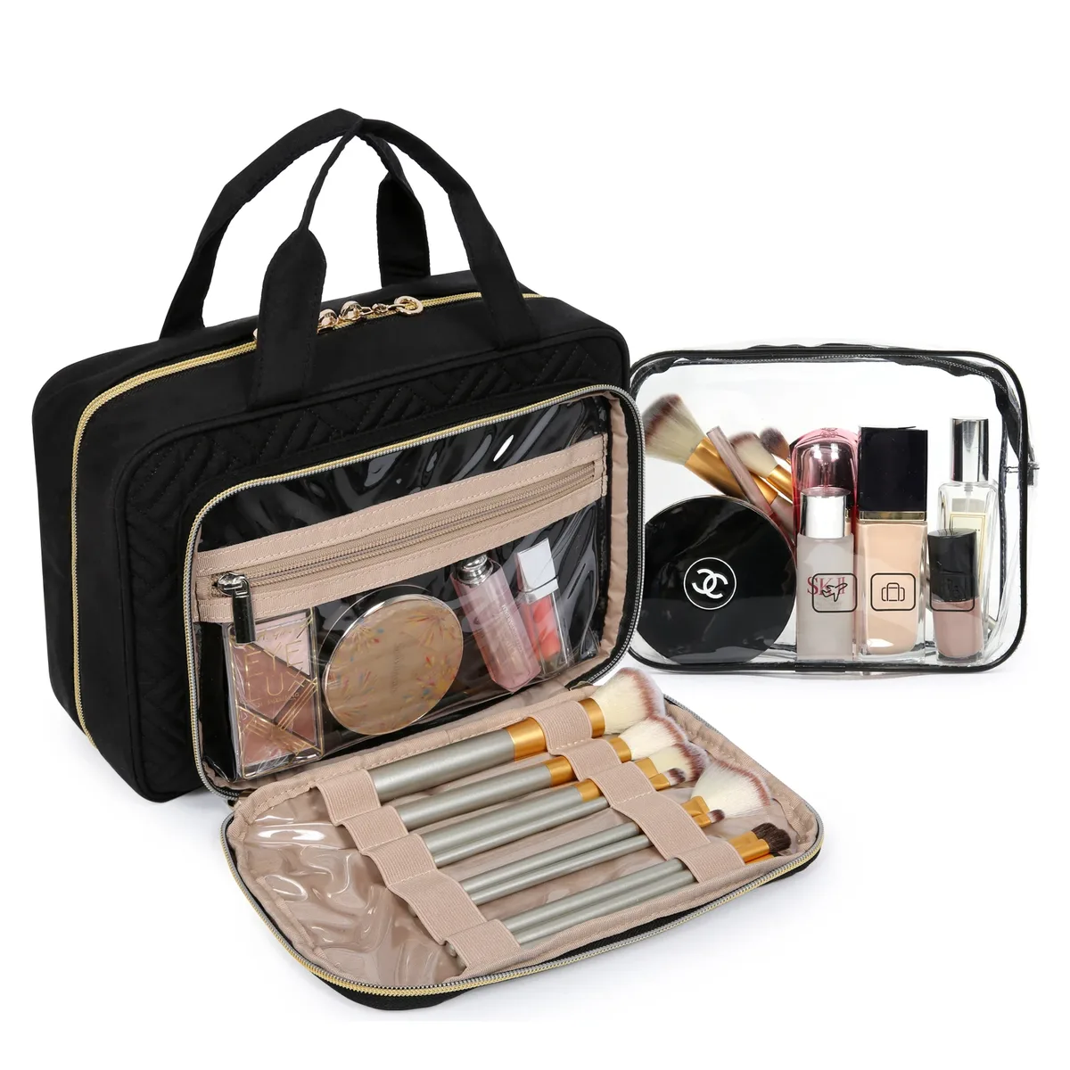 trousse toilette pvc noire accent doré compartiments organisation maquillage voyage boîte format rectangle motif géométrique relief frontal