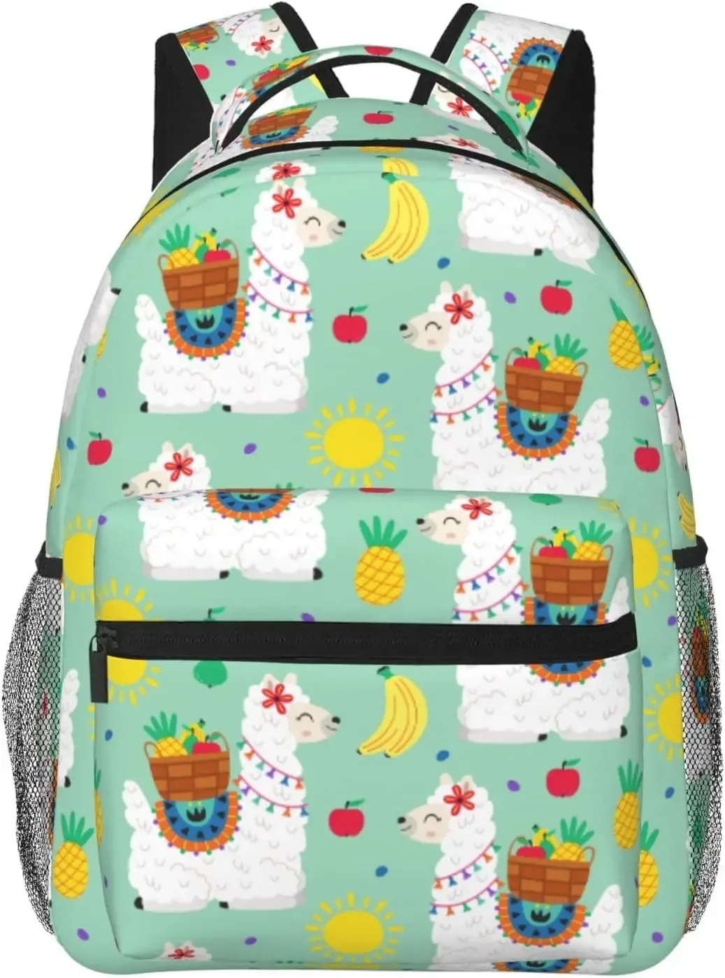 sac dos polyester noir motif lamas fruits vert pastel format rectangulaire sangle chaîne fermeture éclair poche intérieure zippée usage voyage école université