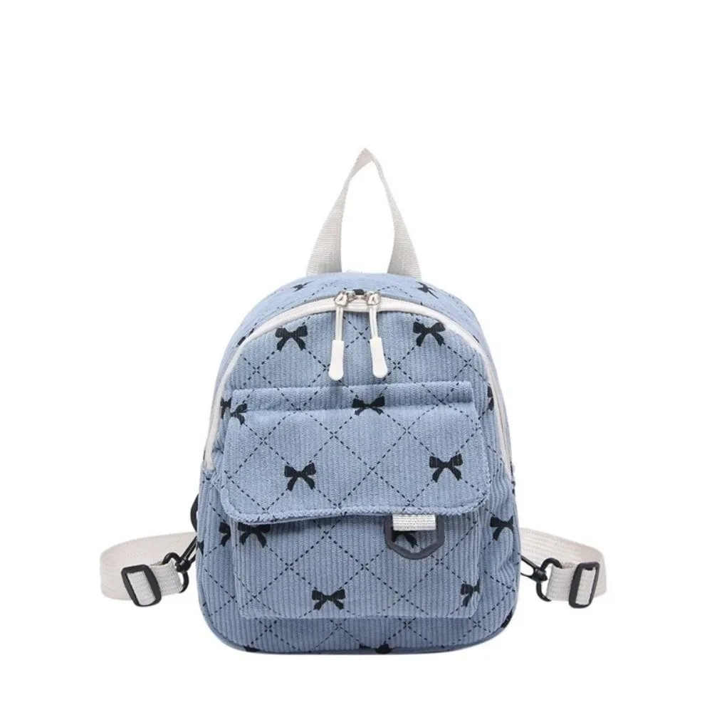 mini sac à dos en velours côtelé avec nœud imprimé, sac à bandoulière léger, sac de rangement cosmétique multi-couches, sac à dos quotidien