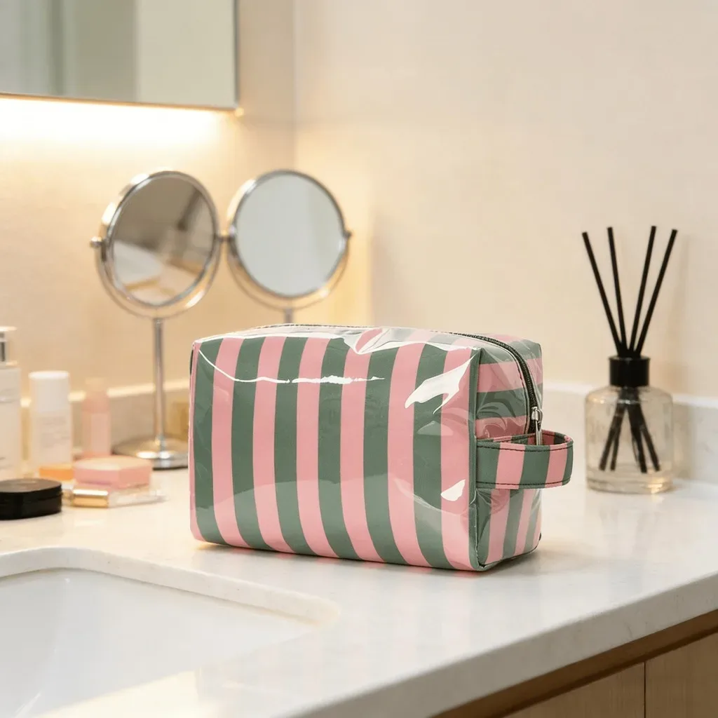 grande trousse de toilette de voyage rayée grande capacité, organisateur portable étanche pour maquillage et soins de la peau, idéale pour les vacances et les voyages en bus