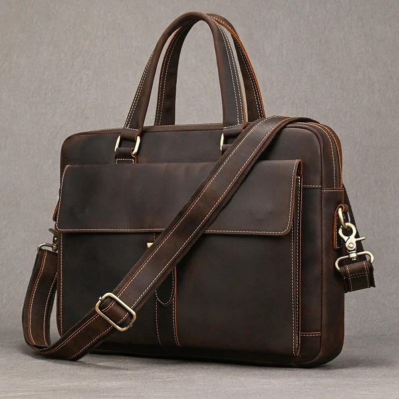 porte-documents en cuir véritable pour hommes, sac à main d'affaires en peau de vache pour ordinateur portable, style vintage, sac à bandoulière en cuir de cheval fou