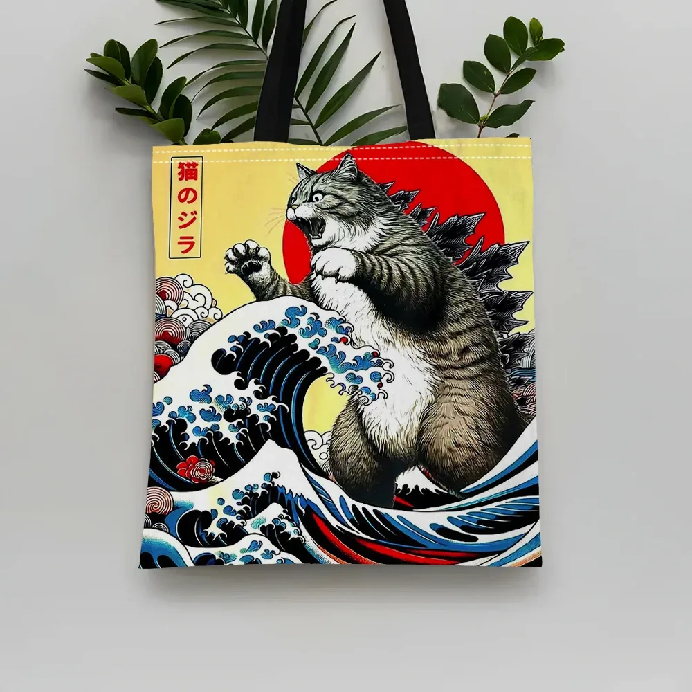 catzilla sac fourre-tout d'art japonais sac de plage de shopping à bandoulière réutilisable pour les femmes, sac de transport décontracté durable