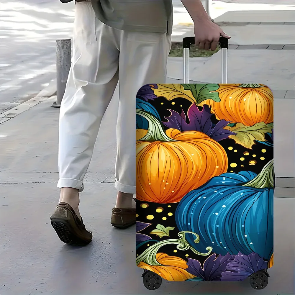 housse valise polyester motif citrouilles orange bleues fond noir feuilles vertes violet protection voyage