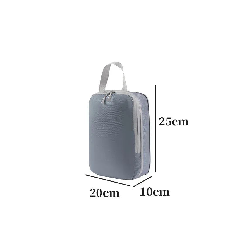 organisateur voyage polyester blanc bandes grises format rectangulaire poignées grises compression vêtements articles toilette rangement valise