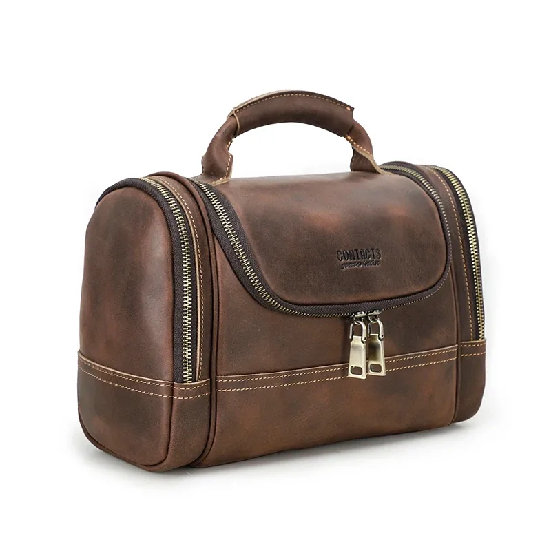 trousse toilette cuir vache marron vieille crazy horse multi compartiments zip bandes contrastantes travail affaires voyage