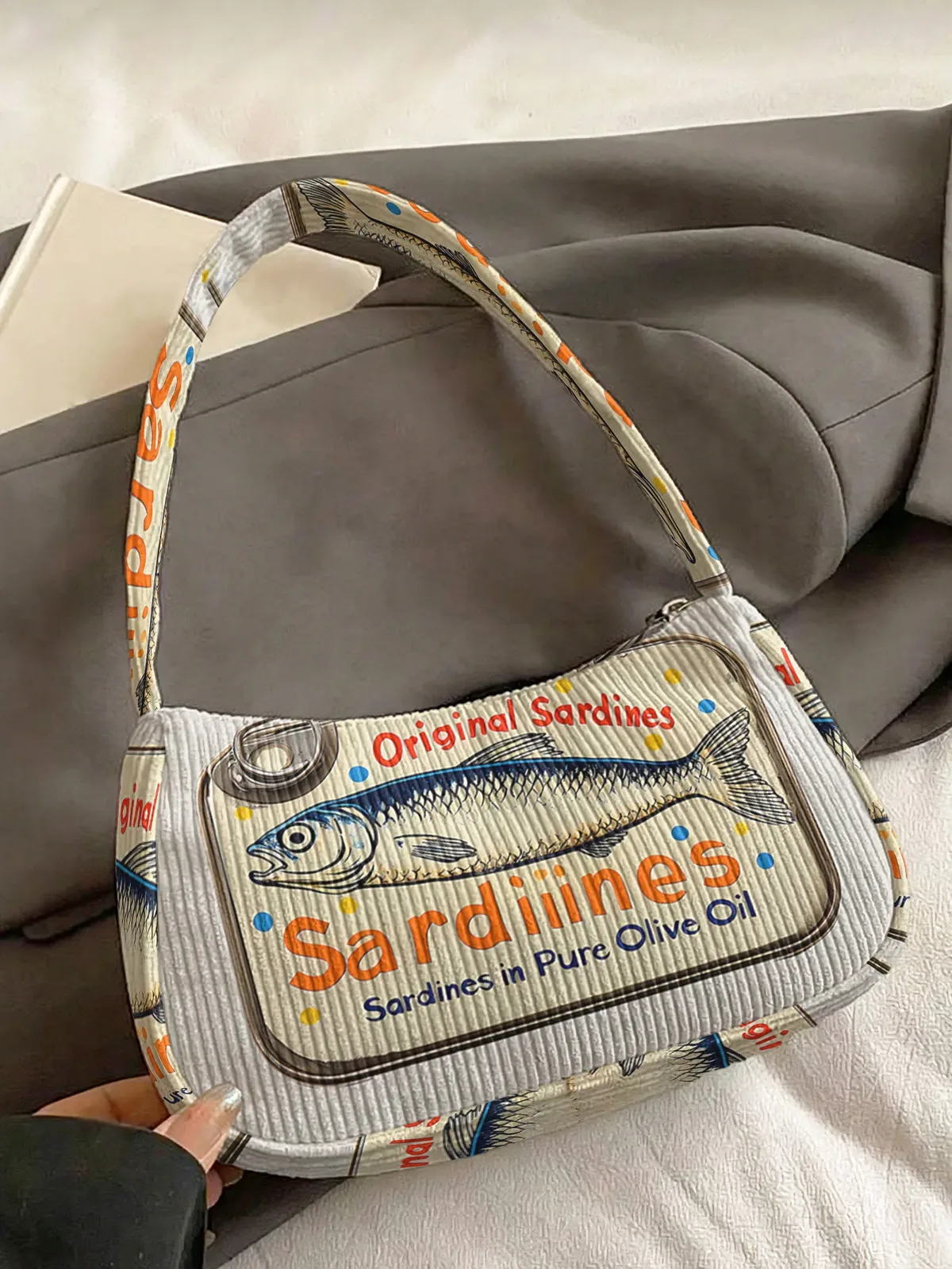 sac à bandoulière tendance imprimé sardine, sac sous le bras en velours côtelé pour un usage quotidien décontracté