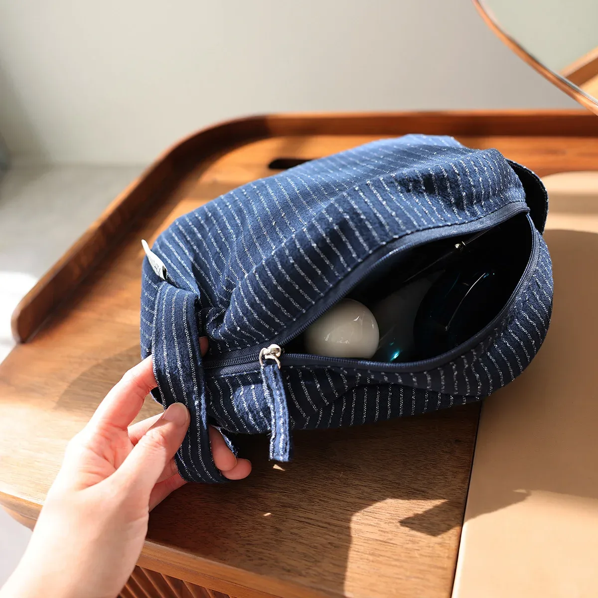 sac cosmétique portable à rayures classiques, grande capacité, coton, tissu de lin, fermeture éclair sombre, soins de la peau, voyage, rangement portable