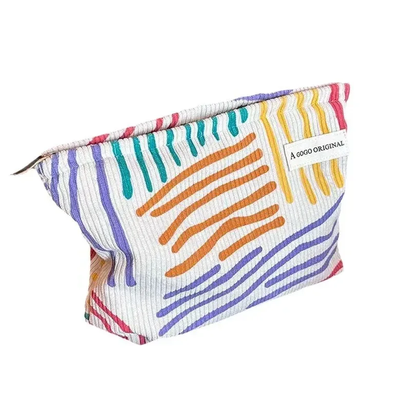 sac à cosmétiques en velours côtelé à rayures colorées, trousse de toilette de voyage portable, soins de la peau, articles divers, sac de rangement de maquillage esthétique pour un usage quotidien