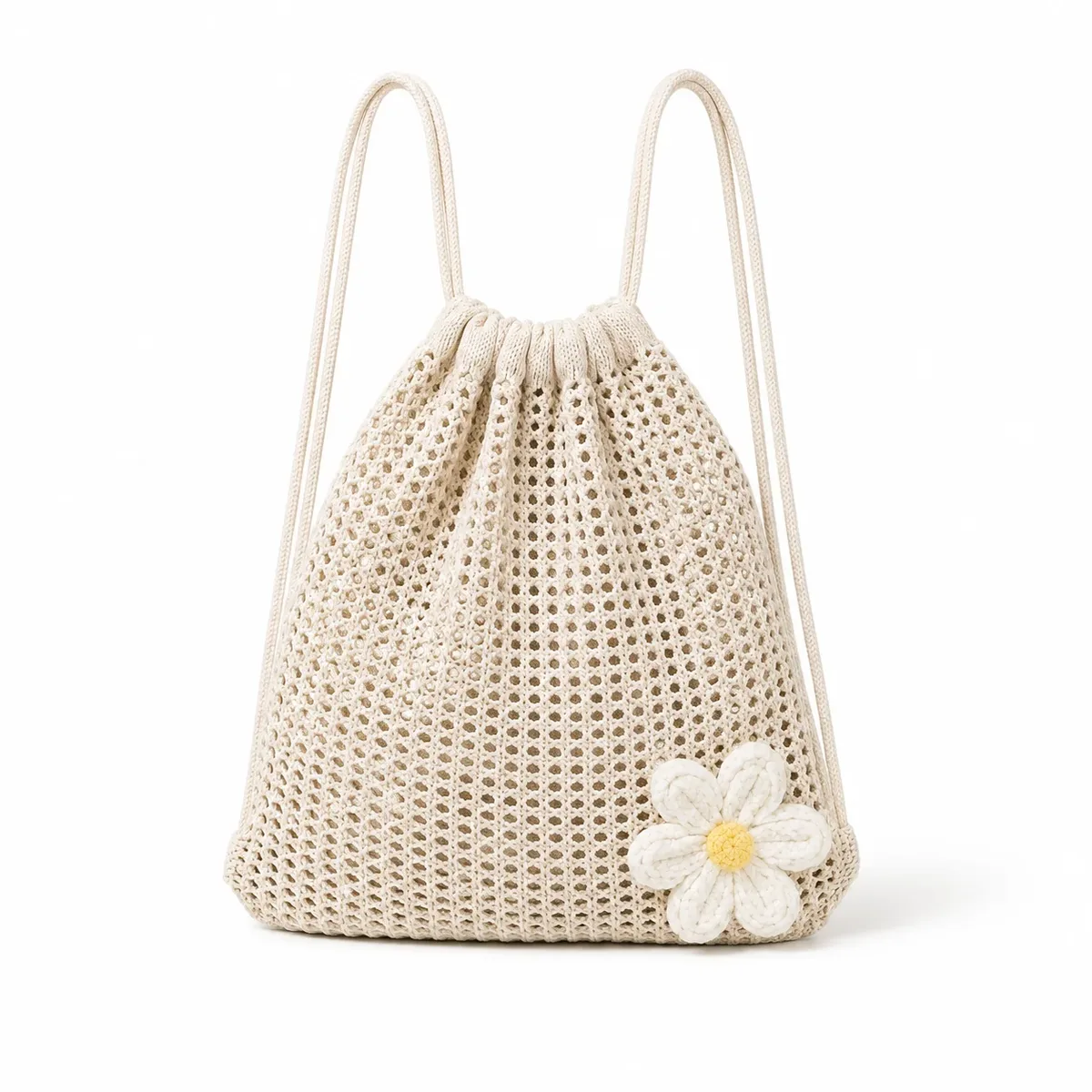 sac à dos en crochet pour femme avec cordon de serrage et motif marguerite, sac à bandoulière léger en tricot ajouré pour les voyages, la plage et l'usage quotidien