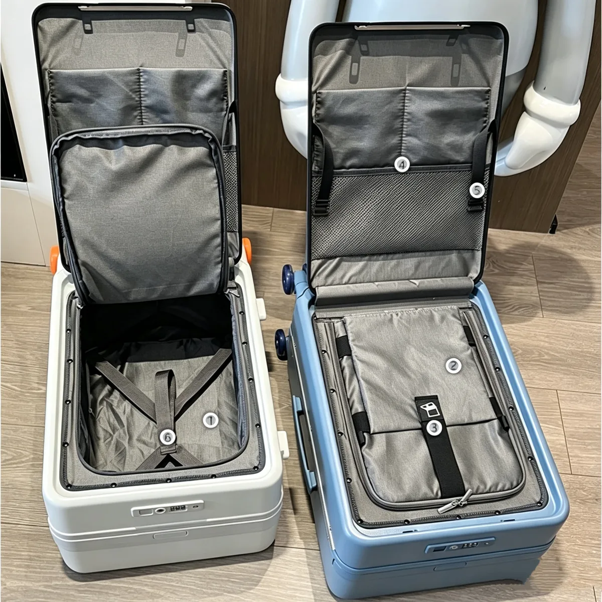 valise à roulettes avec poche pour ordinateur portable à ouverture frontale, poignée large, valise de voyage 20 pouces, bagage à main, cadre en aluminium, valise trolley