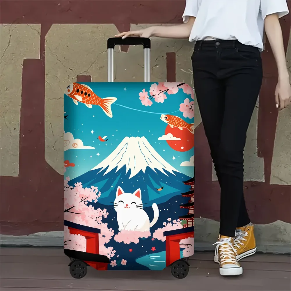 housse valise polyester motif chat blanc souriant poissons rouges fleurs cerisier mont fuji bleu protection voyage roulettes poignée noire