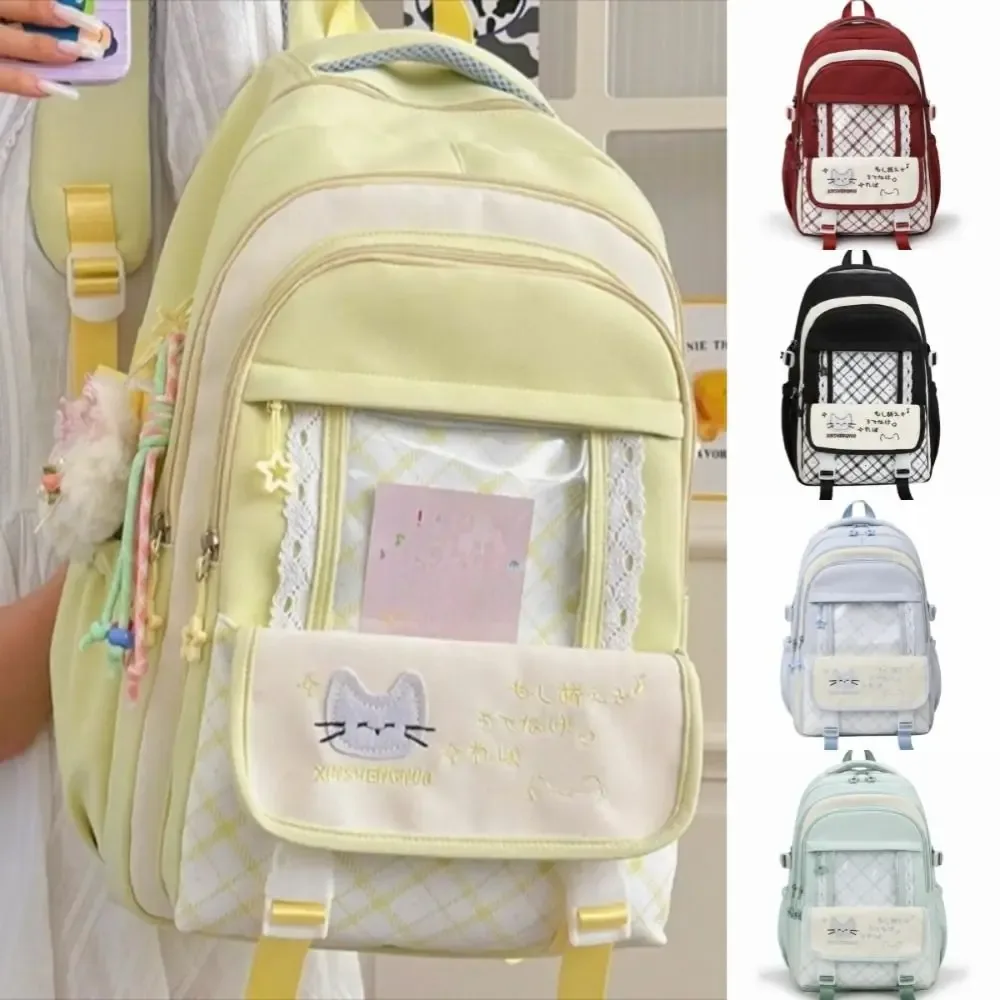 sac à dos en nylon ajouré color-block, grande capacité, mignon, style preppy, transparent, à motif chat et écossais, pour l'école et le shopping