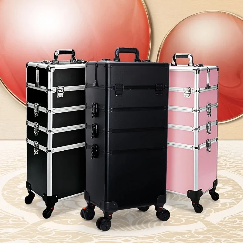 trousse de maquillage à roulettes détachable, grand chariot de rangement pour cosmétiques, 4 couches, organisateurs de maquillage de grande capacité, étui de voyage avec clé