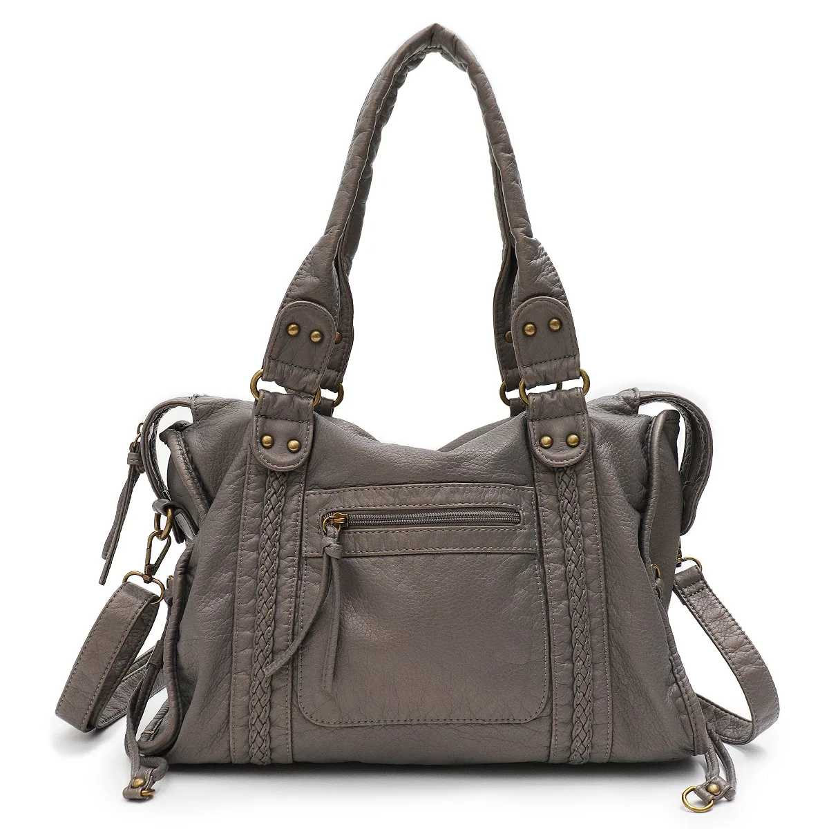 vintage lavé en cuir pu grande capacité fourre-tout poches zippées tresse décor épaule sac à bandoulière unisexe femmes voyage quotidien sac à main