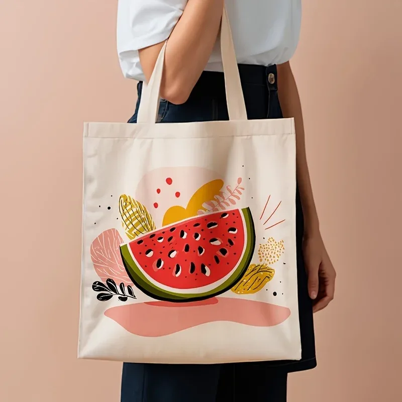 un sac fourre-tout imprimé pastèque, sac de shopping réutilisable, adapté aux trajets quotidiens, aux voyages à la plage et aux courses, pastèque