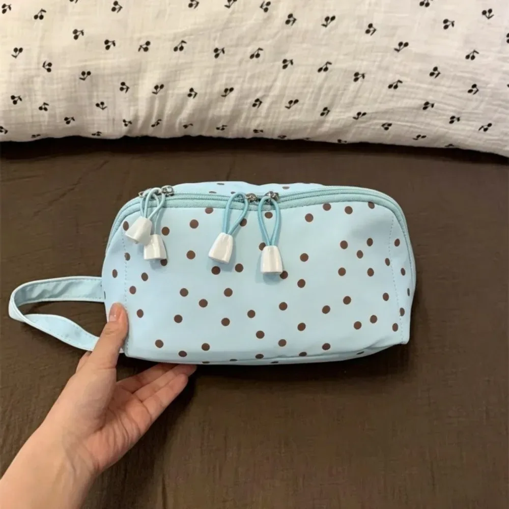 trousse de maquillage portable à pois, sac cosmétique brodé avec nœud, pochette de rangement, trousse de toilette à pois pour voyage