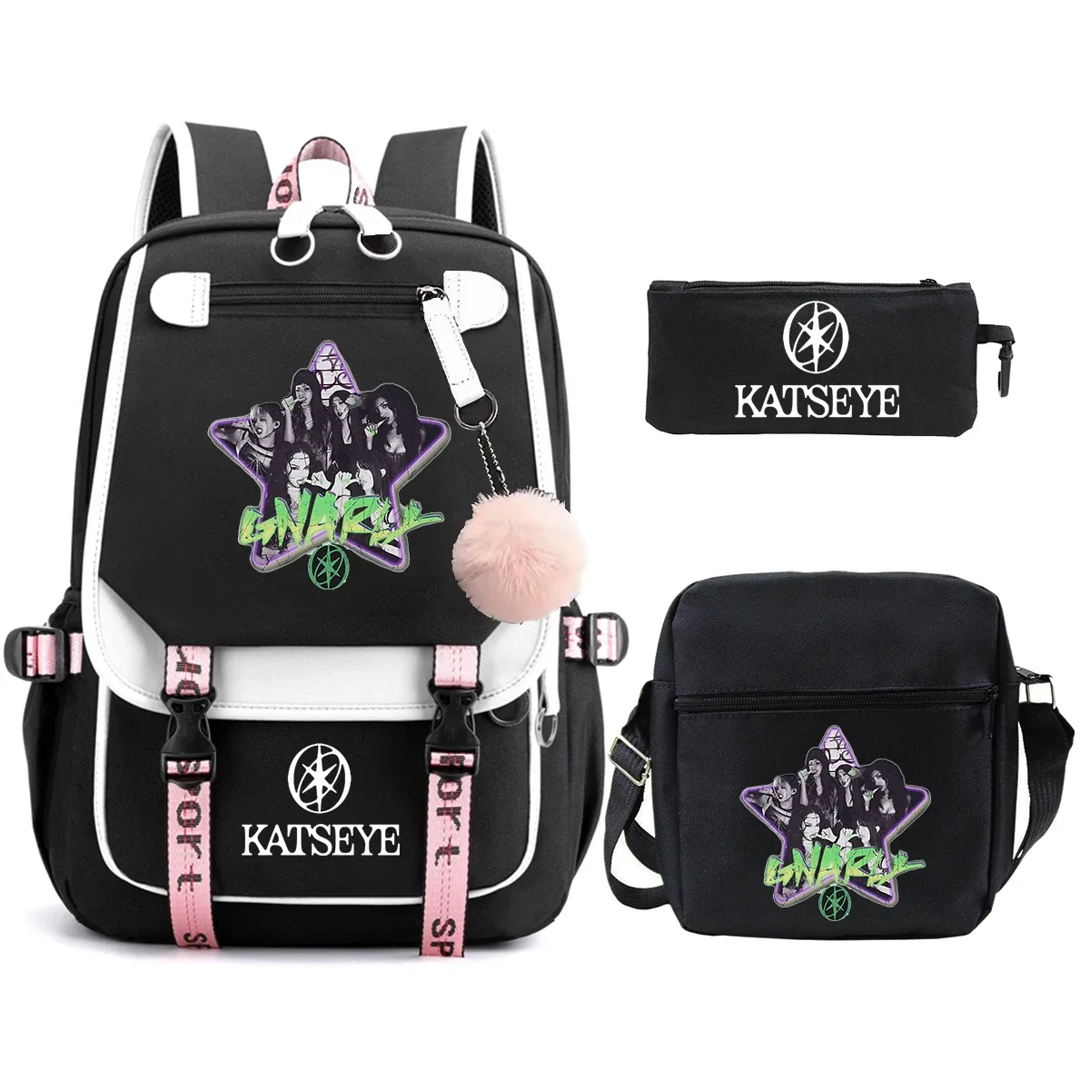 sac dos toile noire rose pastel groupe féminin dessin animé pochette bandoulière poches ouvertes courbe physiologique dos décontracté voyager étudiant scolaire ordinateur portable