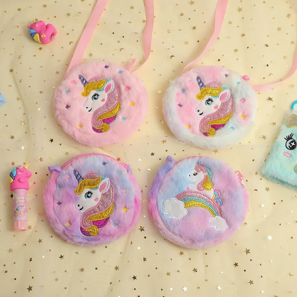 sac à bandoulière licorne de dessin animé pour enfants, 2 pièces, joli sac à bandoulière en peluche pour filles, petit sac à dos adapté aux cadeaux de vacances scolaires