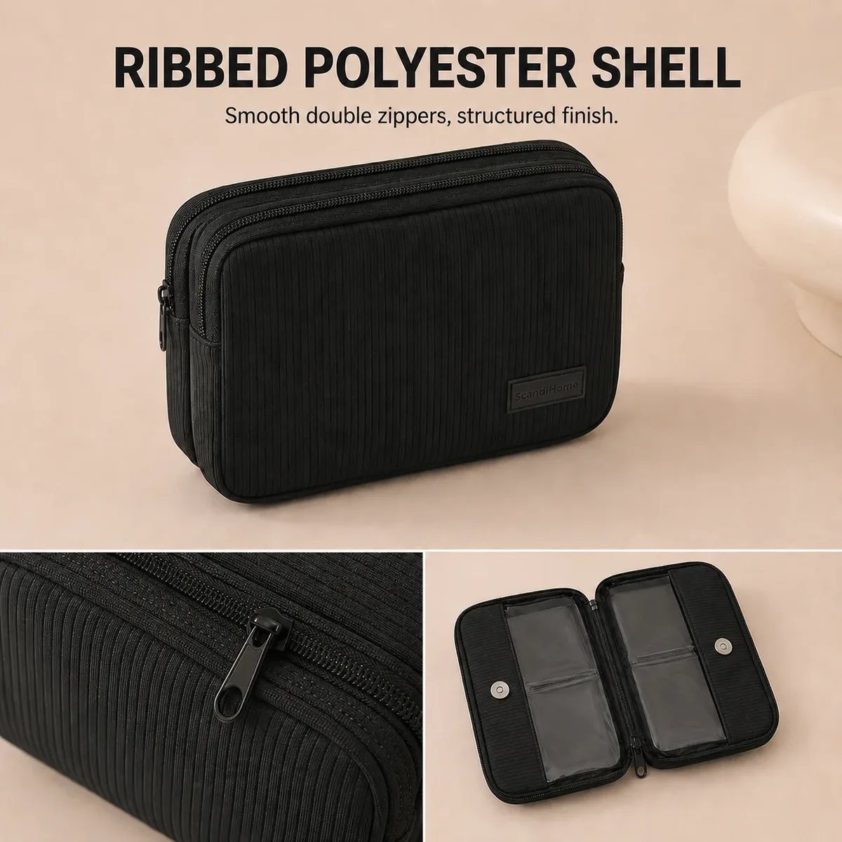trousse de maquillage de voyage transparente en pvc, organisateur cosmétique en polyester côtelé, pochette de toilette à compartiments séparés, étui de rangement portable pour articles de beauté