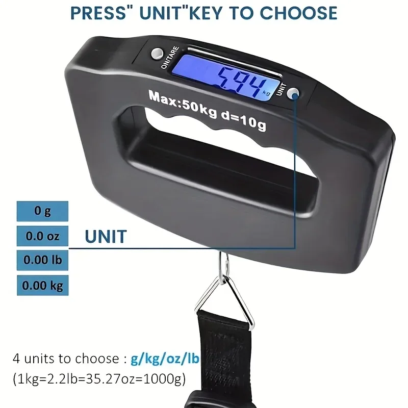 balance voyage numérique lcd bleu capacité 50kg précision haute poignée ergonomique compact usage voyage
