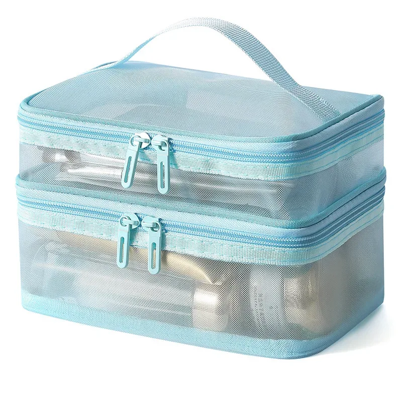 sac de rangement portable à 2 couches en maille avec fermeture éclair, trousse de maquillage à main, sac de voyage pliable transparent, pochette de toilette grande capacité