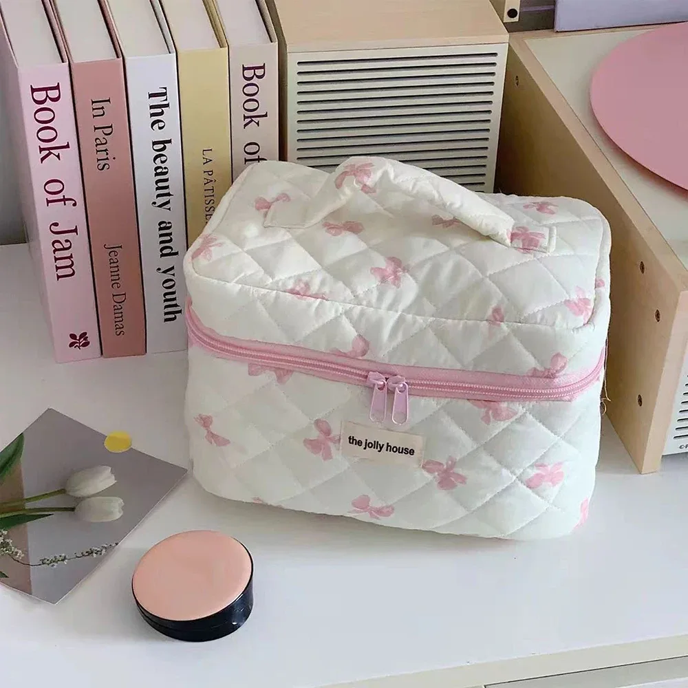 sac de rangement cosmétique en coton matelassé pour femme, nœud simple, sac à main d'évaluation de maquillage rouge à lèvres, sacs à fermeture éclair de grande capacité, mignon, nouveau