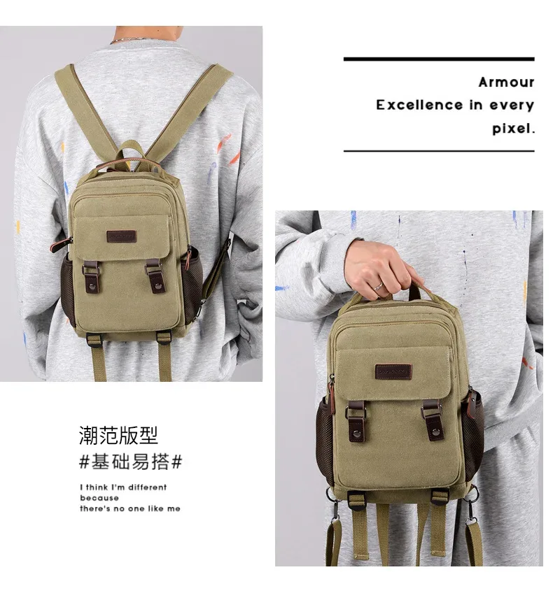 sac dos toile gris marron noir compartiment intérieur bandoulière arquée fermeture éclair décontracté usage voyage
