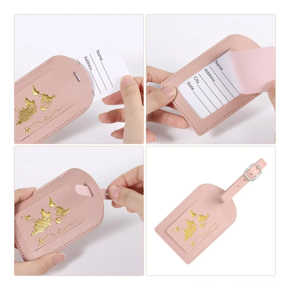 étiquette bagage cuir rose pâle doré carte monde voyage identité bagage fixation anneau métallique espace inscription nom adresse ville pays