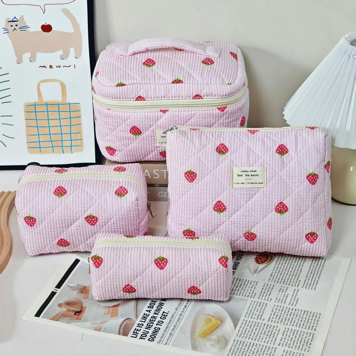 trousse de maquillage à imprimé floral de grande capacité, sac de rangement de cosmétiques de voyage portable, sac de style urbain simple avec doublure en polyester pour femmes