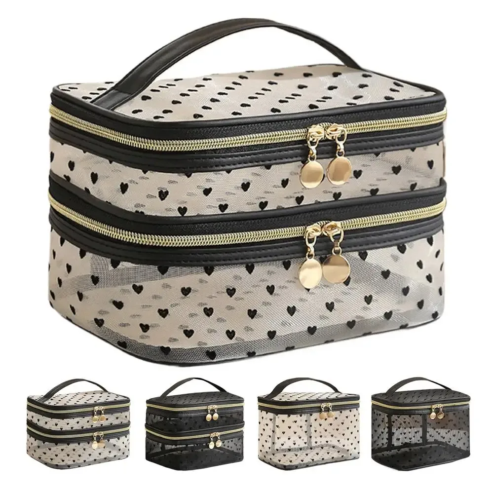 sac à cosmétiques en maille noire à double couche, trousse de maquillage portable de grande capacité, pochette de rangement, sacs de toilette à fermeture éclair