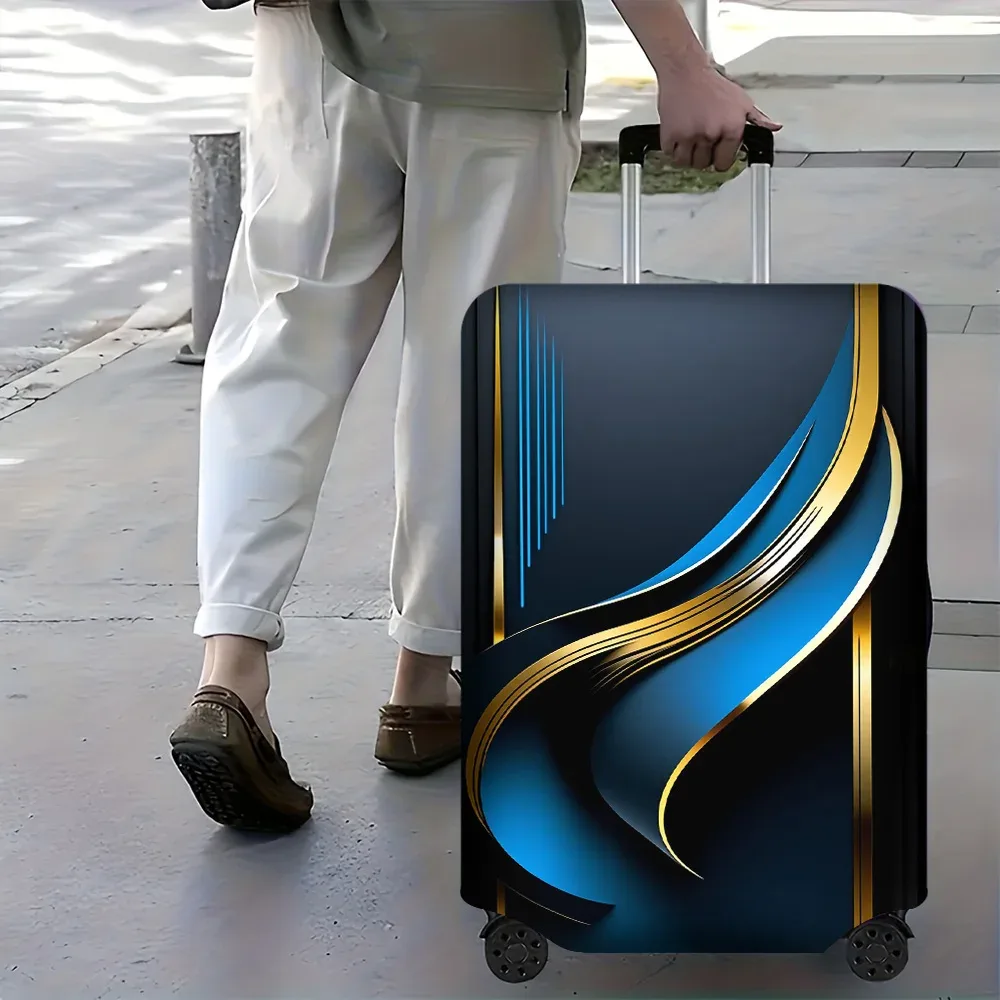 housse valise polyester motif lignes bleues dorées fond noir poignées noires format rectangulaire protection voyage