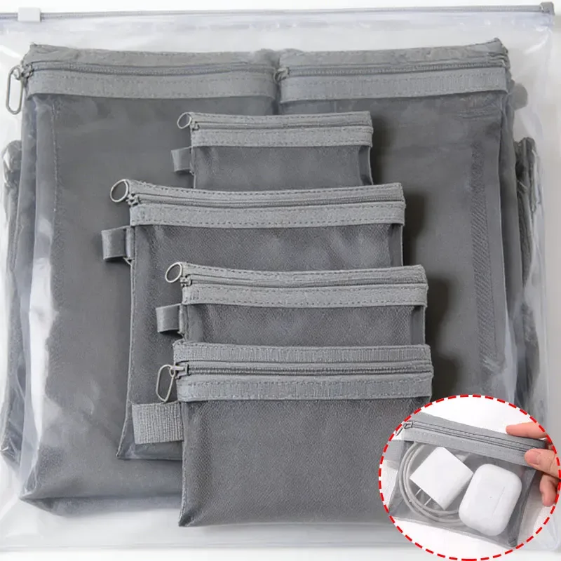 24/1pcs sacs cosmétiques en maille transparente, petits et grands, noirs, trousse de maquillage portable, organiseur de voyage, étui de rangement pour rouge à lèvres