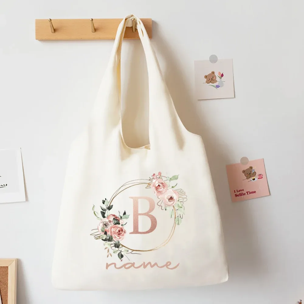 sac fourre-tout imprimé alphabet floral avec nom personnalisé, sacs à main portables en toile de grande capacité, meilleurs cadeaux d'anniversaire de noël