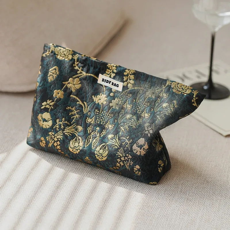 trousse de maquillage pour femmes, imprimé noble, fleurs dorées, grande capacité, rouge à lèvres, coussin d'air, sac de rangement, trousse de toilette de voyage portable