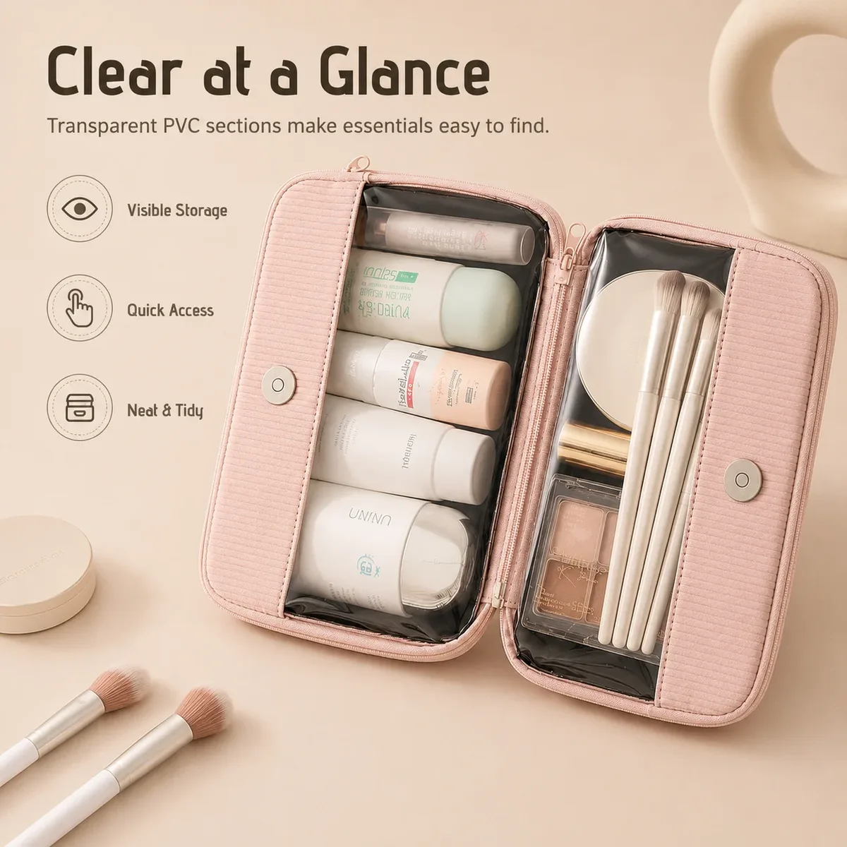 trousse de maquillage de voyage, organisateur de cosmétiques, étanche, grande capacité, détachable, double couche, fenêtre transparente, pochette de rangement de toilette pour femmes