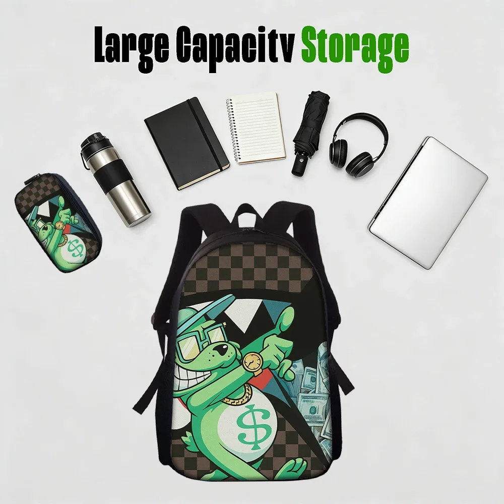 sac dos polyester carreaux noirs blancs accents verts argentés personnage souriant sac main usage quotidien